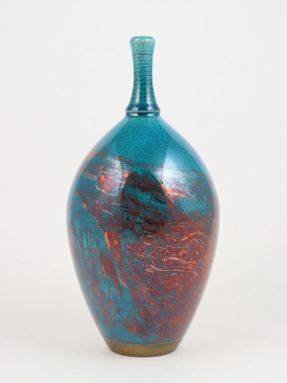 Raku Fired Turquoise Blue Green Copper Bottle