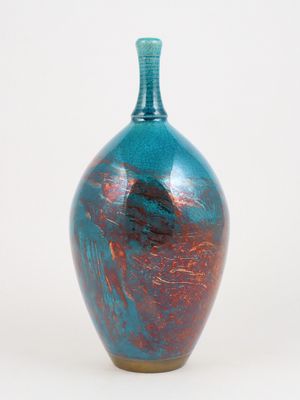 Raku Fired Turquoise Blue Green Copper Bottle