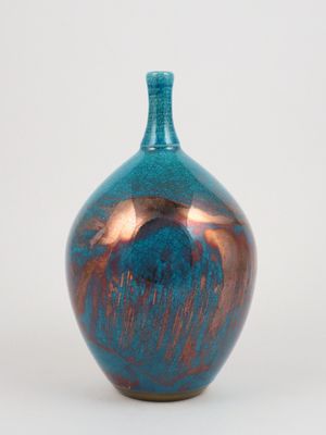 Raku Fired Turquoise Blue Green Copper Bottle