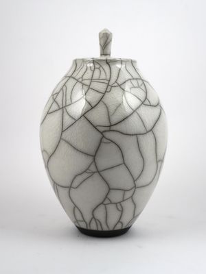 Tall Raku White Lidded Pot Urn