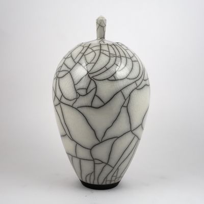 Tall Raku White Lidded Pot Urn