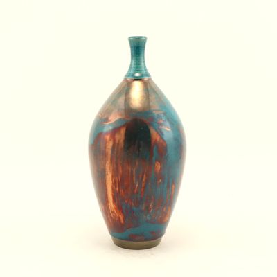 Raku Fired Turquoise Blue Green Copper Bottle
