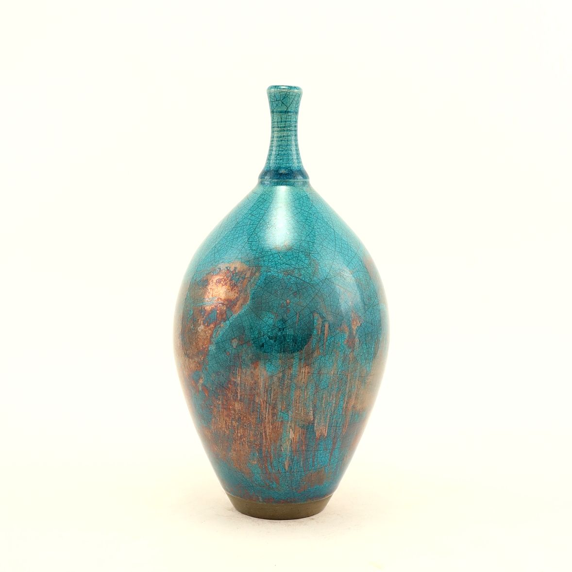 Raku Fired Turquoise Blue Green Copper Bottle