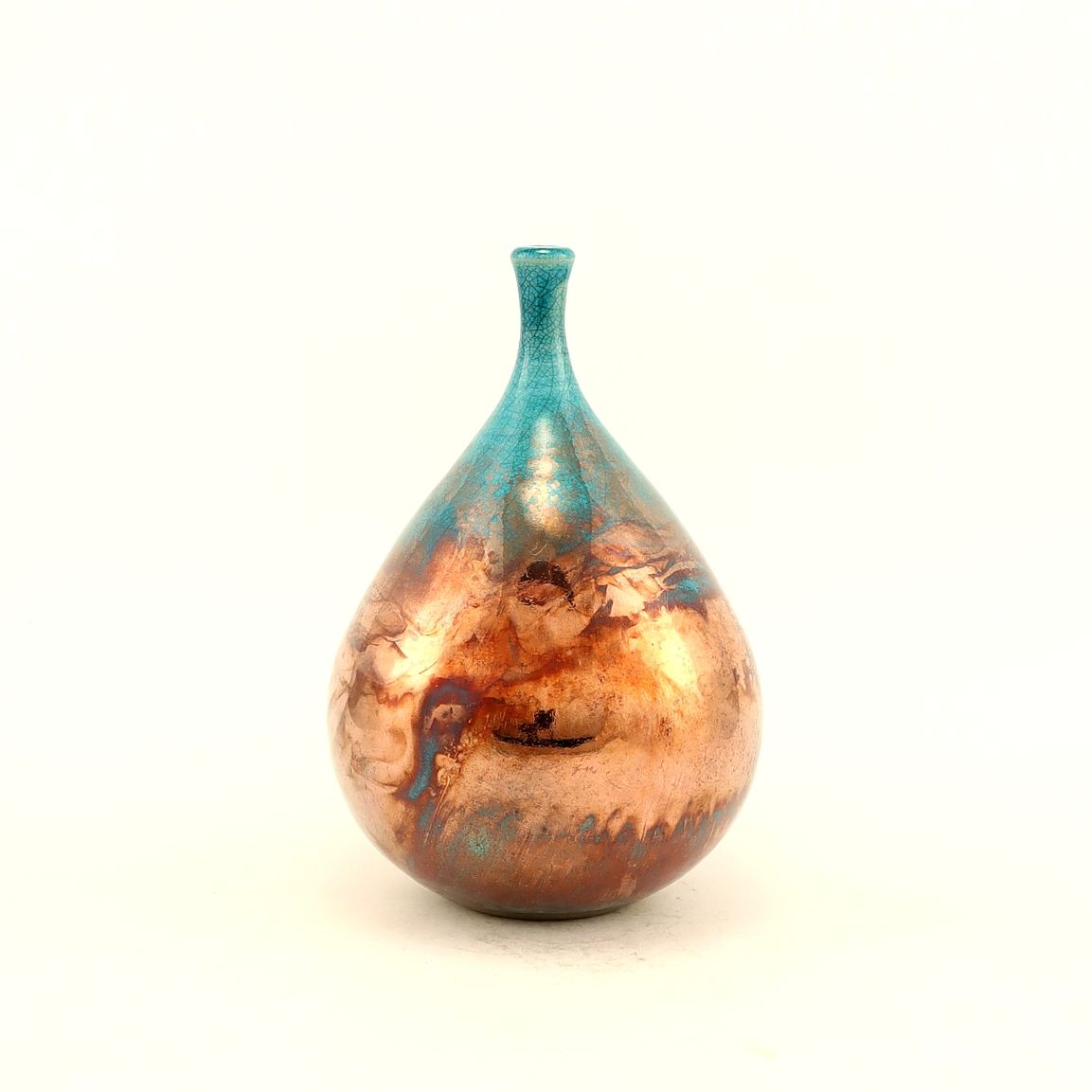 Raku Fired Turquoise Green Blue Copper Teardrop Bottle