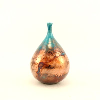 Raku Fired Turquoise Green Blue Copper Teardrop Bottle