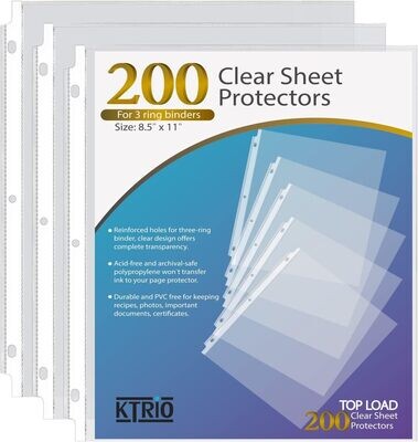 KTRIO Sheet Protectors 8.5 x 11 inch Clear Page Protectors for 3 Ring Binder, 200 Pack