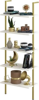 aboxoo Ladder Shelf White Marble Open Bookshelf 5-Tier Wall-Mounted Wood Rack Industrial