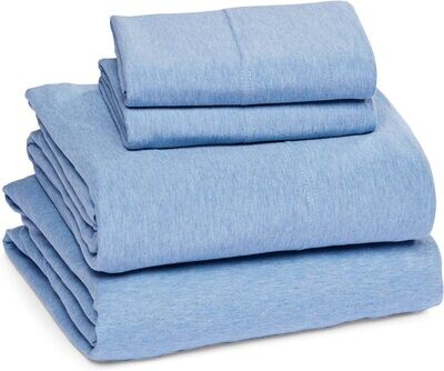 Amazon Basics Cotton Jersey 4-Piece Bed Sheet Set, King, Sky Blue, Solid