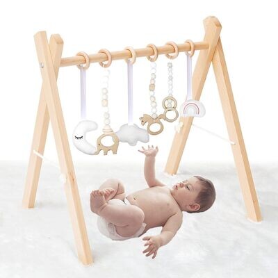 BLUELF Wooden Baby Play Gym, Baby Gym with 6 Wooden Sensory Toys Foldable Frame
