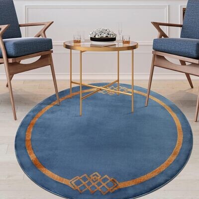 Antep Rugs Babil Gold 5x5 Modern Bordered Indoor Area Rug, Navy Blue, 5'3 inch Round