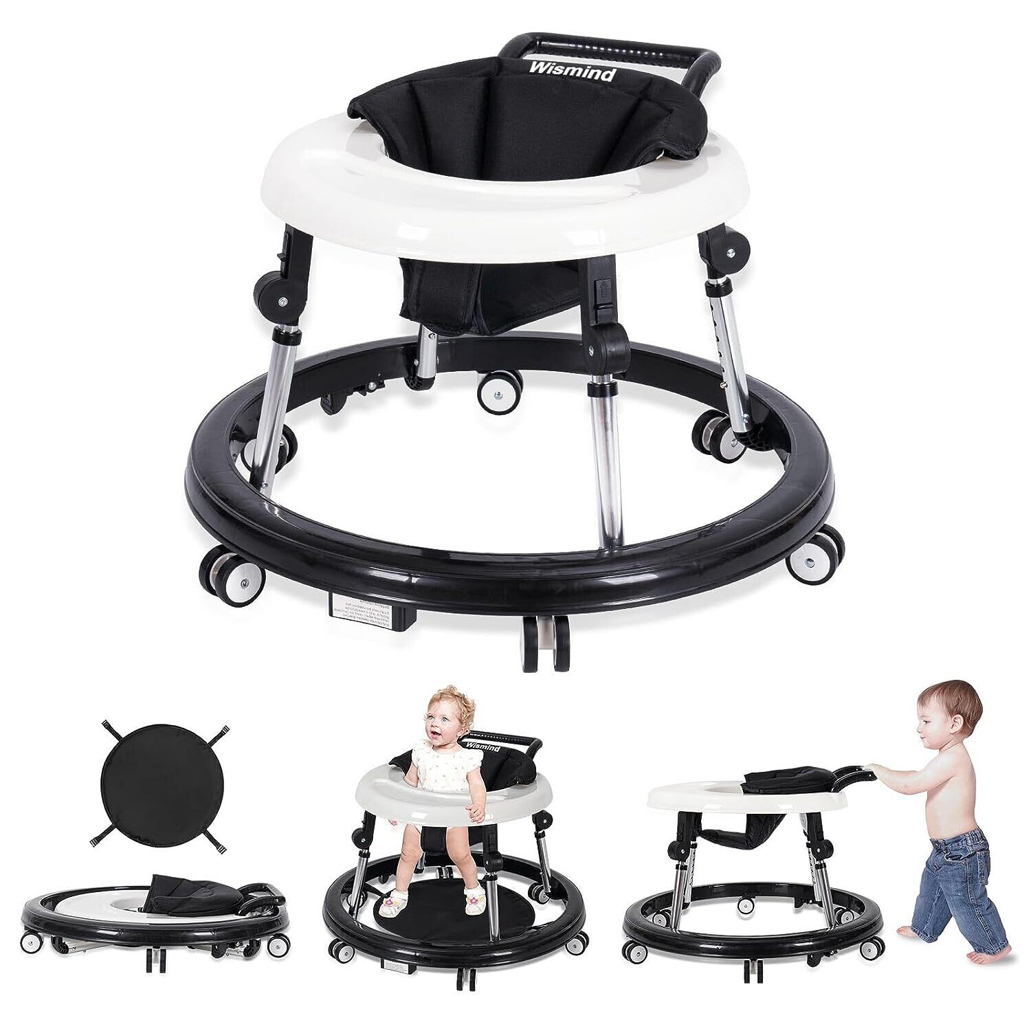 Wismind Baby Walker Foldable with 9 Adjustable Heights, Baby Walkers