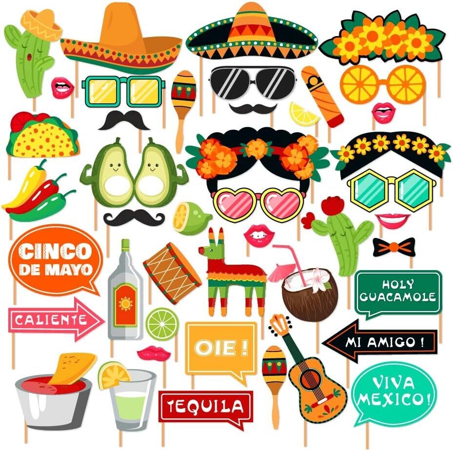 CC HOME 44Pcs Mexican Fiesta Photo Booth Props, Cinco De Mayo DIY Kit