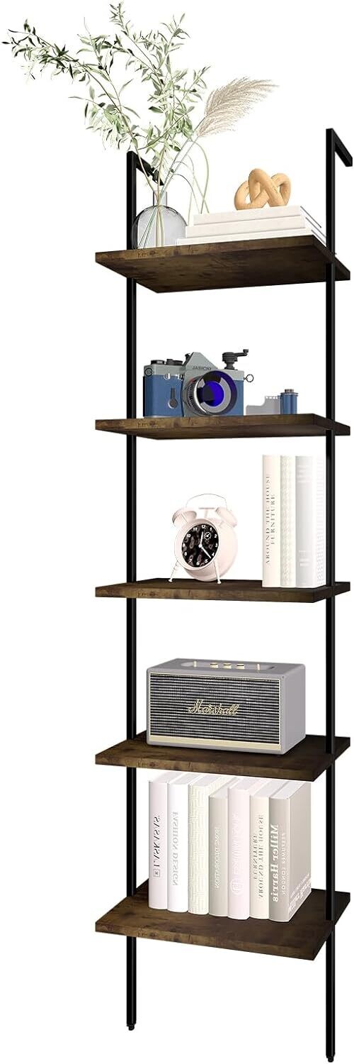 aboxoo Ladder Shelf 5 Tiers Metal Industrial Bookshelf, Rustic Brown