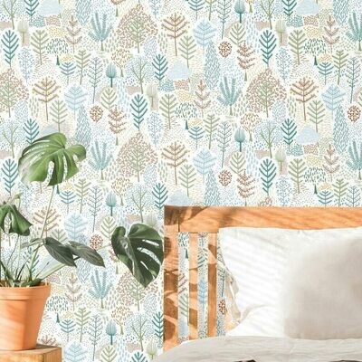 RoomMates RMK11735RL Taupe Folklore Trees Peel and Stick Wallpaper Grey