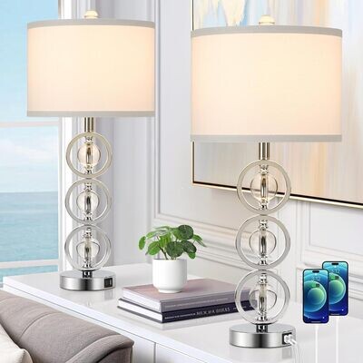 Set of 2 Modern Silver Table Lamps with 2 USB Charging Ports, 27“ Tall Crystal