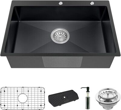 Black Kitchen Sink, Stainless Steel Topmount Bar Sink 33x22x9 Inch Single Bowl