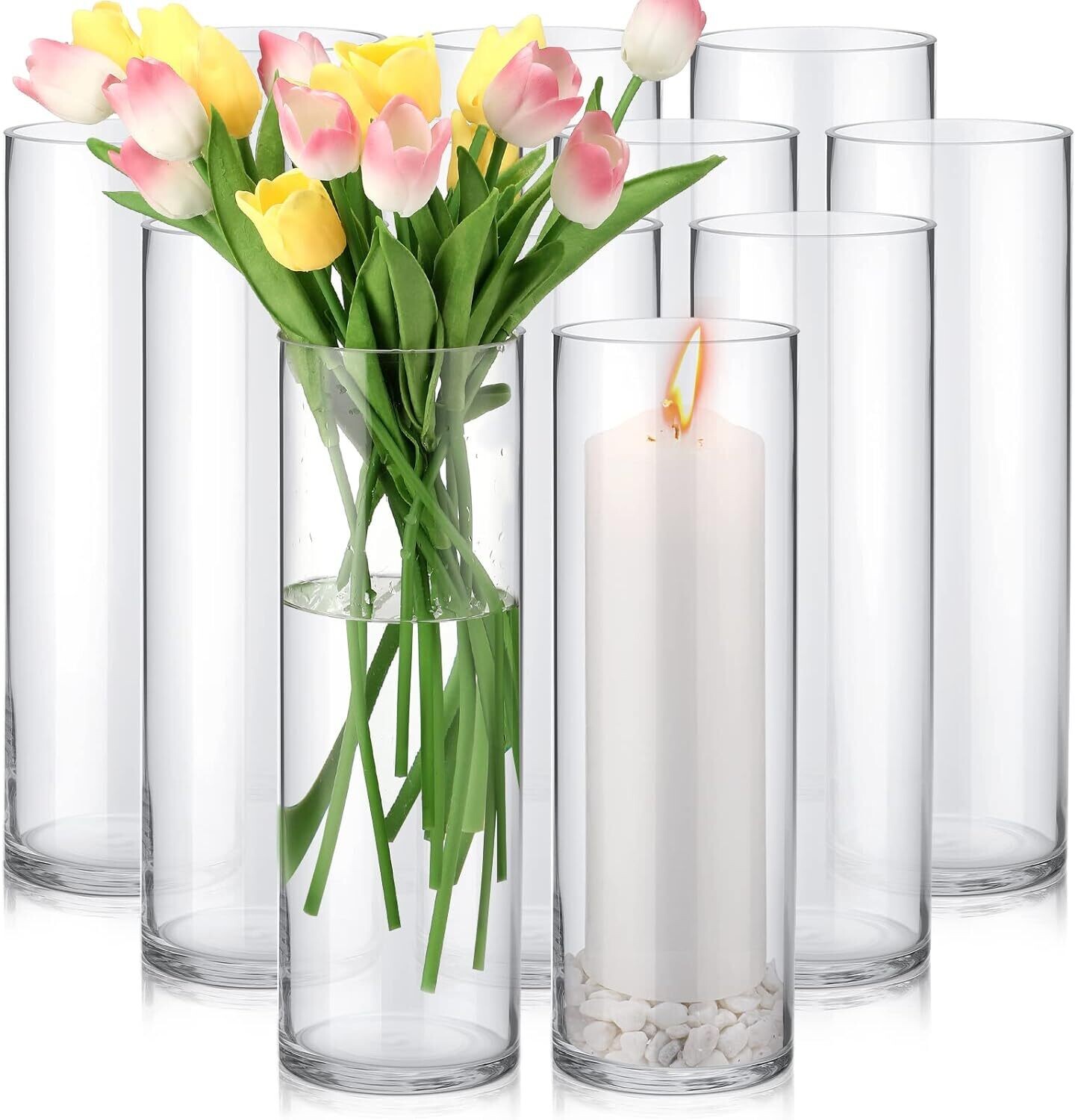 12 Pack Glass Cylinder Vases Set Clear Flower Vase Tall Floating Candle