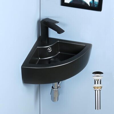 bathivy 17 inch x 13 inch Black Wall Mount Bathroom Corner Sink with Pop-up Drain,WHITE