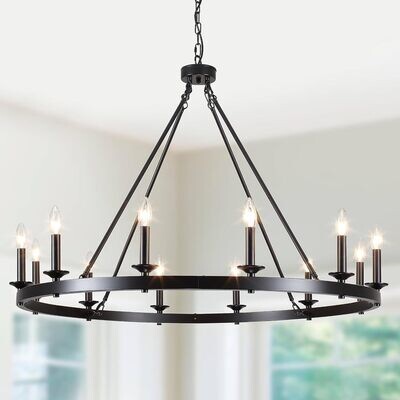 12-Light Black Wagon Wheel Chandeliers, 39.8 inch Farmhouse Large Round Hanging