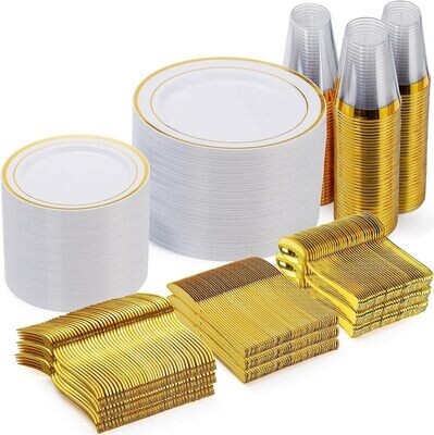 600 Pieces Gold Disposable Plates for 100 Guests, Plastic Plates for Party,