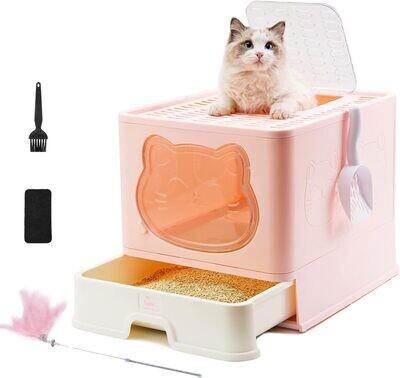 Fully Enclosed Cat Litter Box with Lid, Foldable Extra Large Cat Toilet, Drawer