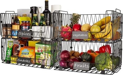 4 PACKS Kitchen Organization and Storage Pantry Baskets, Fruit & Vegetable