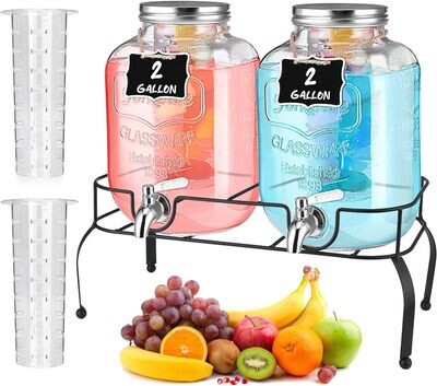 2 Pcs 2 Gallon Glass Drink Dispenser with Stand Ice Cylinder Hanging Chalkboard