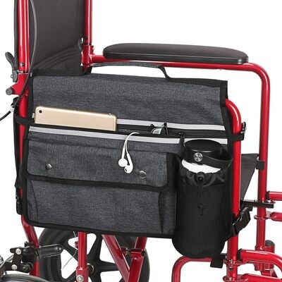 Wheelchair Organizer Storage Bag, Double-Sided Armrest Pouch with Cup Holder and