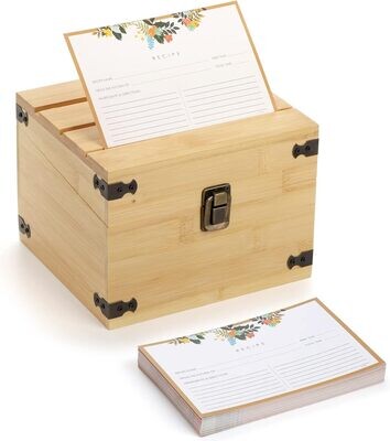 Youeon Bamboo Recipe Box with Cards and 3 Grooves, Kitchen Recipe Box with 100