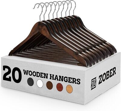 Zober Wooden Hangers 20 Pack - Non Slip Wood Clothes Hanger for Suits, Pants,