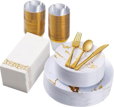 350PCS White and Gold Plastic Dinnerware Set for 50 Guests, Disposable Plates