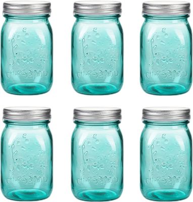 16 oz Teal Mason Jars with Lids，Regular Mouth Canning Jar, 6 Pack