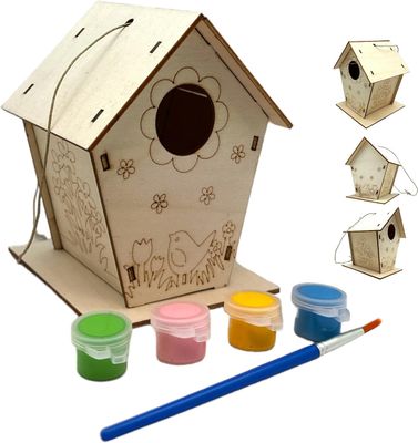 Wooden Birdhouse Crafting Kit: 12 DIY Unfinished Bird House with Paints and