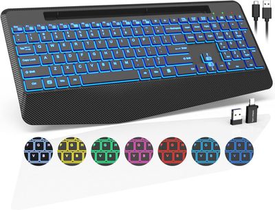 Wireless Keyboard with 7 Colored Backlits, Wrist Rest, Phone Holder,Black