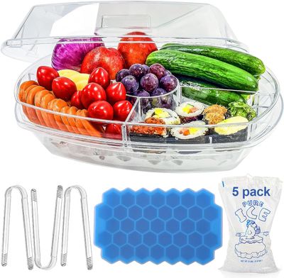 15 Inches Divided Serving Tray with Lid&Ice Tray, Party Platter, Snackle Box