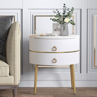 O&K FURNITURE Marble Round End Table with 2 Drawers, White/Gold