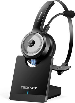 TECKNET Bluetooth 5.0 Wireless Headset with AI Noise Cancelling Microphone