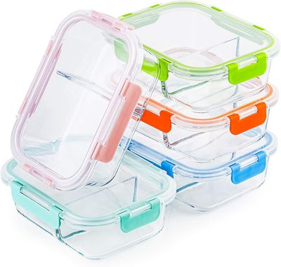 C CREST Glass Meal Prep Containers 2 Compartment Set, 5-Pack, 34oz, Glass Bento
