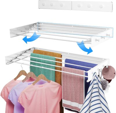 Upgrade 6 Knob Hooks Wall Mounted Drying Rack: 40 inch Wide Collapsible Laundry