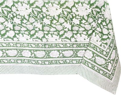ATOSII Meraki Green 100% Cotton Spring Tablecloth, Handblock Print Rectangle