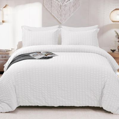 HYMOKEGE White Queen Comforter Set Seersucker 7 Pieces, All Season Luxury Bed