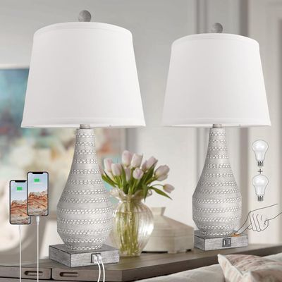 Table Lamps for Living Room Set of 2, Touch Bedroom Lamp with USB Ports
