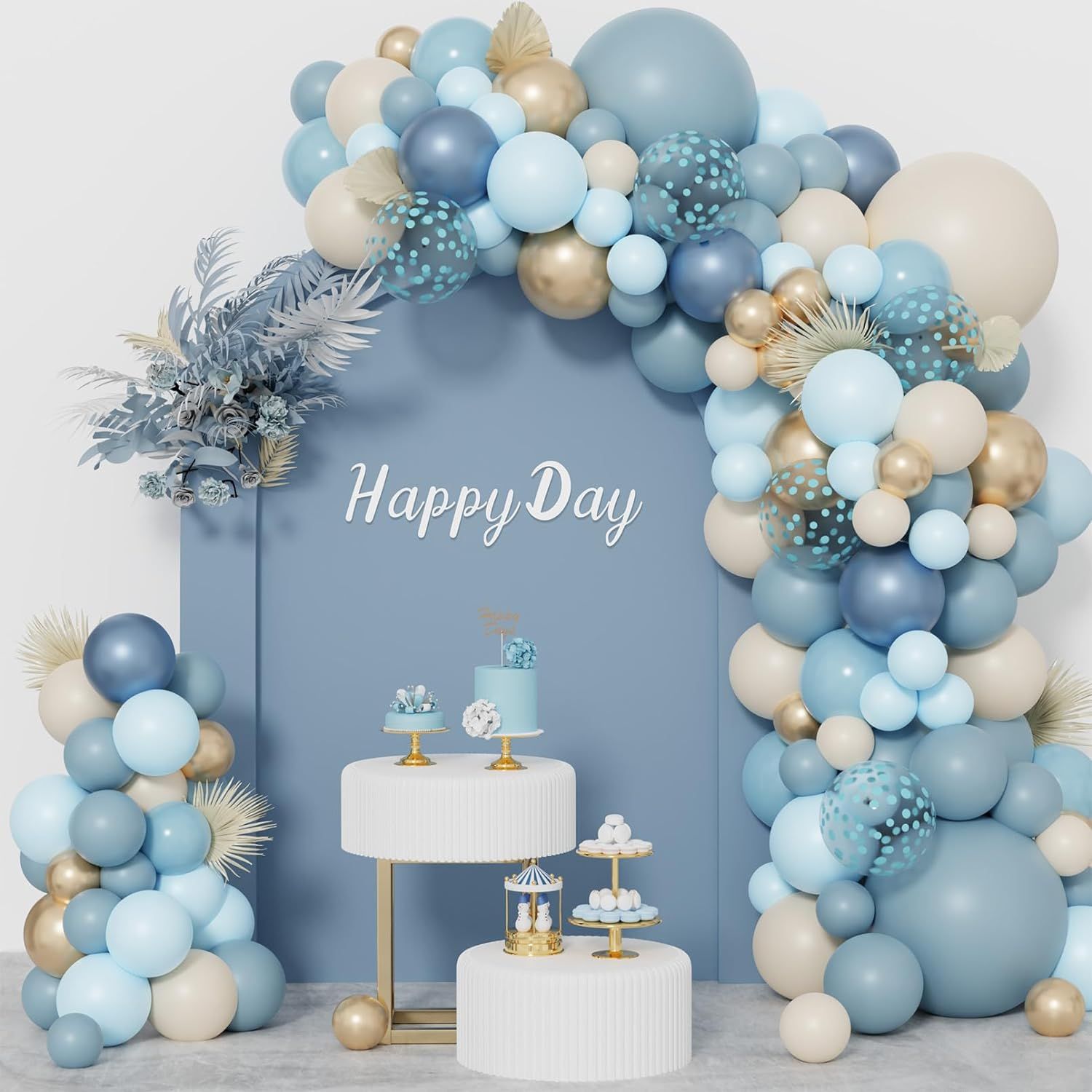 172Pcs Dusty Blue Balloons Arch Garland Kit, Dusty Baby Pastel Blue Chrome Gold Blue Ridge