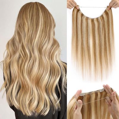 Benehair 16 inch Human Hair Fish Line Ombre Wire Hair Extension, GoldenBrown/Blonde