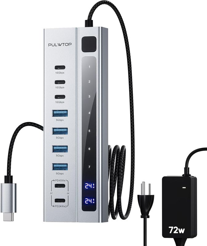 Powered USB C Hub, PULWTOP 9-in-1 USB-C Hub suppprt 10Gbps & PD 45W Max
