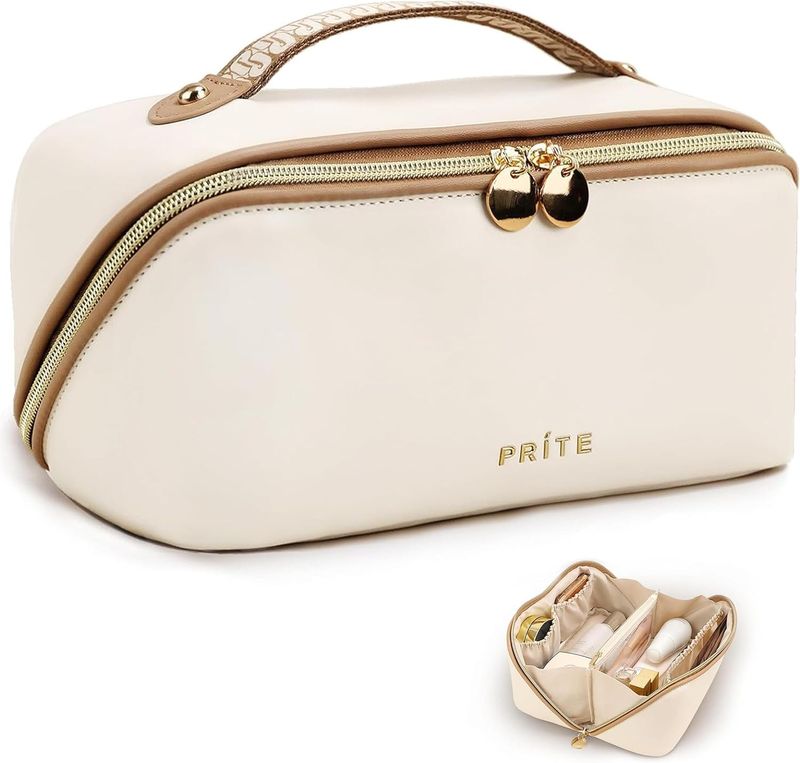 Prite Large Capacity Cosmetic Bag for Women Portable Waterproof PU Leather