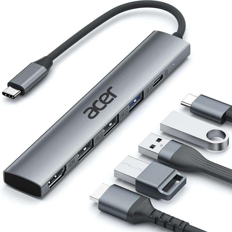Acer USB C Hub 5 in 1 with 4K HDMI, 100W Power Delivery, 3 USB A Data Ports