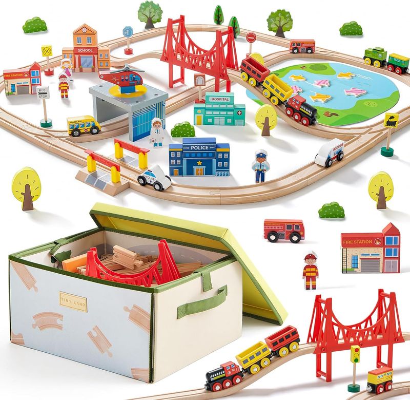 Tiny Land 110pcs Wooden Train Set with Folding Storage Box, Wooden Train Track