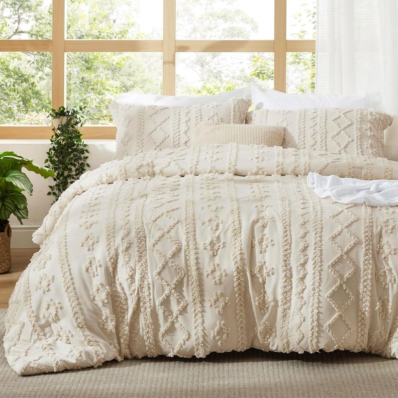 Bedsure 3 Piece Tufted Boho Comforter Set, Oversized King - Beige