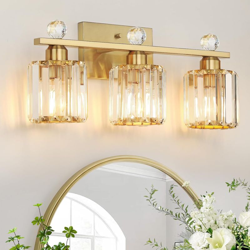 KunruiTAI 3-Light Gold Bathroom Light Fixture with Clear Crystal Glass Shade